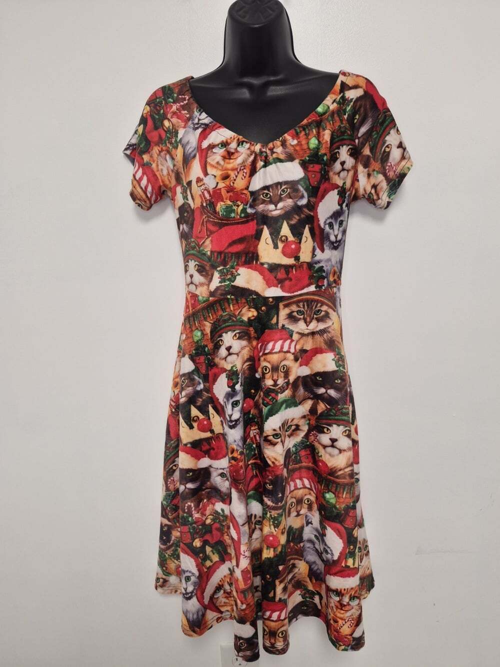 Spadehill Christmas Cat Novelty Print Fit and Flare Dress sz L